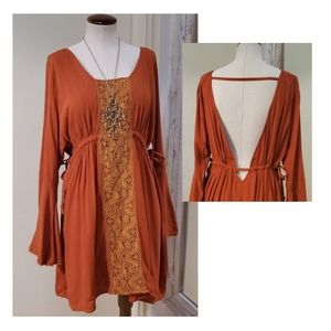 Bow & Arrow Boho Crochet Inset Drawstring Waist Low Back Dress Rust Orange L